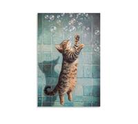 XMHMYHZJ Peinture à l'huile d'un chat chassant des bulles flottantes vers le haut et vers le bas - Décoration murale moderne à suspendre - 30 x 45 cm