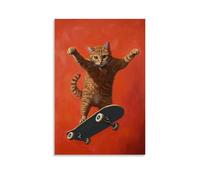 XMHMYHZJ Peinture à l'huile d'un chat en équilibre en plein air sur une planche à roulettes, fond corail vif, art mural, décoration murale moderne, affiche d'art à suspendre, 60 x 90 cm