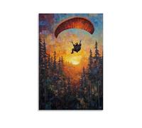 XMHMYHZJ Peinture à l'huile d'un ours en parapente sur une forêt éclairée par un coucher de soleil, arbres comme une courtepointe patchwork en dessous. Décoration murale moderne à suspendre, 40 x 60