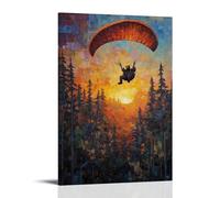 XMHMYHZJ Peinture à l'huile d'un ours en parapente sur une forêt éclairée par un coucher de soleil, arbres comme une courtepointe patchwork en dessous. Décoration murale moderne à suspendre 20 x 30 cm