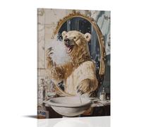 XMHMYHZJ Peinture à l'huile d'un ours riant dans un miroir - Bulles couvrant la moitié de son visage dans une salle de bain en marbre confortable - Décoration murale moderne à suspendre - 30 x 45 cm