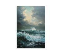XMHMYHZJ Peinture à l'huile représentant un paysage marin dramatique avec des vagues qui s'écrasent sous un ciel nuageux, art mural romantique décoration murale moderne à suspendre 30 x 45 cm