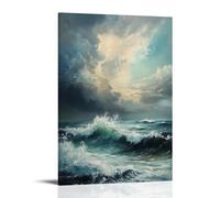 XMHMYHZJ Peinture à l'huile représentant un paysage marin dramatique avec des vagues qui s'écrasent sous un ciel nuageux, art mural romantique décoration murale moderne à suspendre affiche d'art 50 x