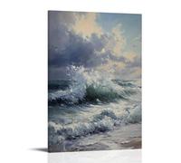 XMHMYHZJ Peinture à l'huile représentant un paysage marin dramatique avec des vagues qui s'écrasent sous un ciel nuageux, art mural romantique décoration murale moderne à suspendre affiche d'art 50 x