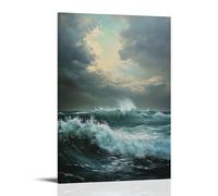 XMHMYHZJ Peinture à l'huile représentant un paysage marin dramatique avec des vagues qui s'écrasent sous un ciel nuageux, art mural romantique décoration murale moderne à suspendre 30 x 45 cm