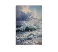 XMHMYHZJ Peinture à l'huile représentant un paysage marin dramatique avec des vagues qui s'écrasent sous un ciel nuageux, art mural romantique décoration murale moderne à suspendre affiche d'art 50 x