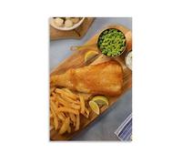 XMHMYHZJ Poster alimentaire avec poissons, frites et légumes sur une planche à découper en bois Décoration murale moderne à suspendre 60 x 90 cm