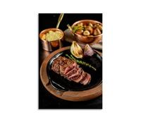 XMHMYHZJ Poster alimentaire avec un steak de viande sur une assiette entourée de bols en métal cuivré Décoration murale moderne à suspendre 20 x 30 cm