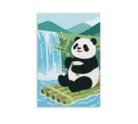 XMHMYHZJ Poster animal représentant un panda assis sur un radeau de bambou qui dérive vers une cascade, tenant du bambou, éclaboussures d'eau - Décoration murale moderne à suspendre - 50 x 75 cm