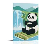XMHMYHZJ Poster animal représentant un panda assis sur un radeau de bambou qui dérive vers une cascade, tenant du bambou, éclaboussures d'eau, décoration murale moderne à suspendre, 60 x 90 cm