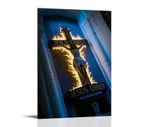 XMHMYHZJ Poster chrétien avec croix éclairée devant une porte en bois avec flammes Décoration murale moderne à suspendre 60 x 90 cm