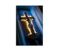 XMHMYHZJ Poster chrétien avec croix éclairée devant une porte en bois avec flammes Décoration murale moderne à suspendre 40 x 60 cm