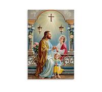 XMHMYHZJ Poster chrétien avec Jésus et les enfants devant une croix, entouré de décoration murale moderne à suspendre, 50 x 75 cm