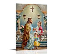 XMHMYHZJ Poster chrétien avec Jésus et les enfants devant une croix, entouré de décoration murale moderne à suspendre 30 x 45 cm