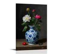 XMHMYHZJ Poster d'art imprimé de fleurs blanches roses et jaunes dans un vase bleu Décoration murale moderne à suspendre 30 x 45 cm