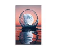 XMHMYHZJ Poster d'art imprimé de la pleine lune est encadrée par une vague qui s'écrase, décoration murale moderne à suspendre, 60 x 90 cm