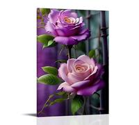 XMHMYHZJ Poster de fleurs avec roses violettes derrière une clôture de tiges de bambou vertes et noires Décoration murale moderne à suspendre 50 x 75 cm