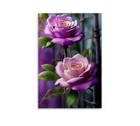 XMHMYHZJ Poster de fleurs avec roses violettes derrière une clôture de tiges de bambou vertes et noires Décoration murale moderne à suspendre 40 x 60 cm