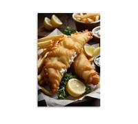 XMHMYHZJ Poster de nourriture pour restaurant Fish And Chips, citrons et sauces - Décoration murale moderne à suspendre - 40 x 60 cm