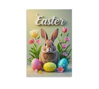 XMHMYHZJ Poster de Pâques avec un lapin et des œufs colorés à côté de fleurs avec un panneau - Décoration murale moderne à suspendre - 50 x 75 cm