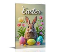 XMHMYHZJ Poster de Pâques avec un lapin et des œufs colorés à côté de fleurs avec un panneau Décoration murale moderne à suspendre 20 x 30 cm