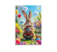 XMHMYHZJ Poster de Pâques avec un lapin tenant un œuf par quelques fleurs Décoration murale moderne à suspendre 60 x 90 cm