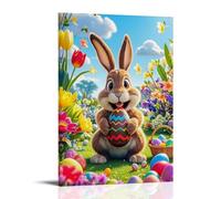 XMHMYHZJ Poster de Pâques avec un lapin tenant un œuf par quelques fleurs Décoration murale moderne à suspendre 60 x 90 cm
