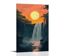 XMHMYHZJ Poster de paysage, coucher de soleil derrière une cascade, art mural, décoration moderne, affiche d'art à suspendre, 40 x 60 cm