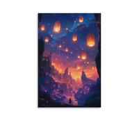 XMHMYHZJ Poster de paysage de style anime Studio Ghibli's Magical Valley avec lanternes flottantes au crépuscule Décoration murale moderne à suspendre 60 x 90 cm