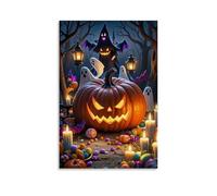 XMHMYHZJ Poster d'Halloween avec citrouille au milieu d'un cimetière avec bougies allumées Décoration murale moderne à suspendre 60 x 90 cm