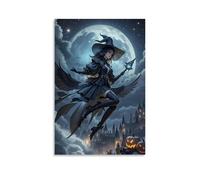 XMHMYHZJ Poster d'Halloween avec image artistique de dessin animé d'une sorcière volant à travers la nuit Décoration murale moderne à suspendre 60 x 90 cm