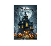 XMHMYHZJ Poster d'Halloween avec manoir effrayant et fantômes avec pleine lune en arrière-plan Décoration murale moderne à suspendre 60 x 90 cm