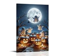 XMHMYHZJ Poster d'Halloween de cimetières hantés avec citrouille et fantômes flottant dans le ciel Décoration murale moderne à suspendre 30 x 45 cm