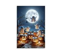 XMHMYHZJ Poster d'Halloween de cimetières hantés avec citrouille et fantômes flottant dans le ciel Décoration murale moderne à suspendre 20 x 30 cm