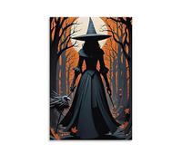 XMHMYHZJ Poster d'Halloween de la sorcière marchant à travers la forêt avec un balai inversé Décoration murale moderne à suspendre 60 x 90 cm