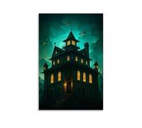 XMHMYHZJ Poster d'Halloween d'un grand vieux manoir avec fenêtres lumineuses la nuit Décoration murale moderne à suspendre 30 x 45 cm