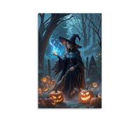 XMHMYHZJ Poster d'Halloween pour une sorcière avec citrouilles et un balai - Décoration murale moderne à suspendre - 60 x 90 cm