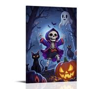 XMHMYHZJ Poster d'Halloween représentant un squelette habillé en sorcière dans les bois avec des chats - Décoration murale moderne à suspendre - 50 x 75 cm