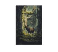 XMHMYHZJ Poster mural à suspendre représentant un élan marchant à travers des ruines anciennes envahies par la mousse, peint dans une grandeur délavée, 40 x 60 cm