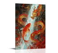 XMHMYHZJ Poster mural moderne à suspendre représentant un poisson koi surge contre le courant à travers une cascade, écailles étincelantes, avec une ombre de dragon cachée dans la brume 50 x 75 cm