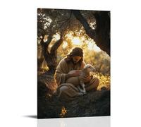 XMHMYHZJ Sous les oliviers, Jésus Cradles A Trembling Lamb As Golden Dawn Light Pierces The Ancient Branches. Décoration murale moderne à suspendre 40 x 60 cm