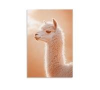 XMHMYHZJ Un alpaga blanc se tient fièrement sur un fond doux de couleur pêche, sa silhouette soufflée comme un nuage à la lumière du soleil tranquille. Décoration murale moderne à suspendre, poster