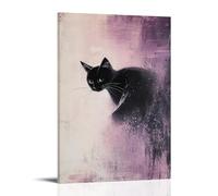 XMHMYHZJ Un chat noir élégant en position mi-pounce sur un fond lilas délavé, mystère et élégance capturé dans un calme pur. Décoration murale moderne à suspendre 40 x 60 cm