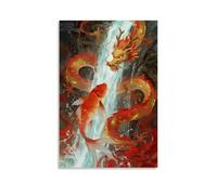 XMHMYHZJ Un poisson koi surge contre le courant à travers une cascade, écailles étincelantes, avec une ombre de dragon cachée dans la brume Décoration murale moderne à suspendre 40 x 60 cm