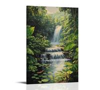 XMHMYHZJ Une cascade cachée, une peinture à l'huile des eaux en cascade et de la verdure luxuriante, art mural, décoration moderne, affiche d'art à suspendre, 60 x 90 cm
