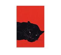 XMHMYHZJ Une panthère noire élégante bouclée gracieusement sur un fond rouge audacieux, ses yeux brillants comme des braises dans une mer de minimalisme. Décoration murale moderne à suspendre 30 x 45