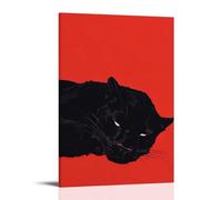 XMHMYHZJ Une panthère noire élégante bouclée gracieusement sur un fond rouge audacieux, ses yeux brillants comme des braises dans une mer de minimalisme. Décoration murale moderne à suspendre 30 x 45