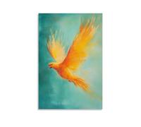 XMHMYHZJ Une peinture à l'huile vibrante d'un perroquet avec des ailes à moitié écartées, brillant sur un fond bleu sarcelle pastel calme. Décoration murale moderne à suspendre 50 x 75 cm