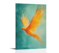 XMHMYHZJ Une peinture à l'huile vibrante d'un perroquet avec des ailes à moitié écartées, brillant sur un fond bleu sarcelle pastel calme. Décoration murale moderne à suspendre 20 x 30 cm