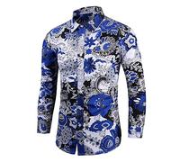 Xmiral Chemise à Manches Longues imprimée Ample pour Hommes, Chemise à Fleurs décontractée à la Mode de Grande Taille Chemise Homme Noir Et Blanc (5XL,Bleu)